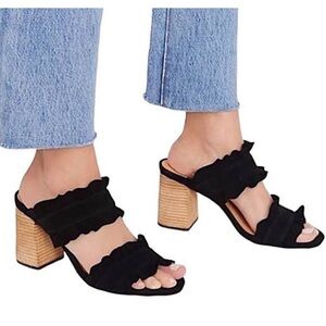 Free People Rosie Ruffle Slide Sandal Black Suede with Stacked Block Heel 40